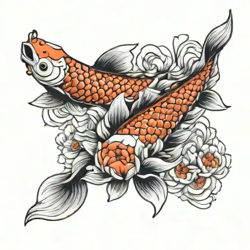 3 Carpa Koi Fish Swimming With Peonia Flowers Growing