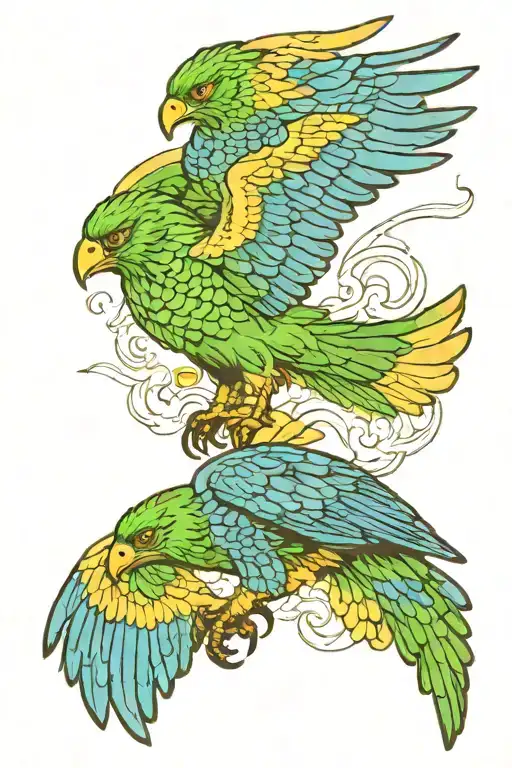 A Green Hawk Fighting A Blue Hawk Lying Down