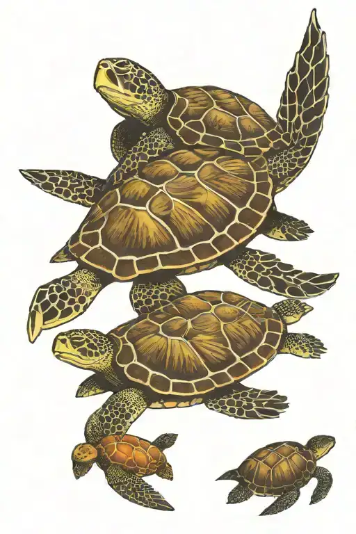 Grandma Sea Turtle With Four Baby Sea Turtles