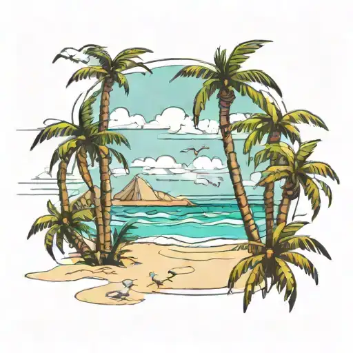 A Sketch Of A Beach Scene With Palm Trees And Seagulls
