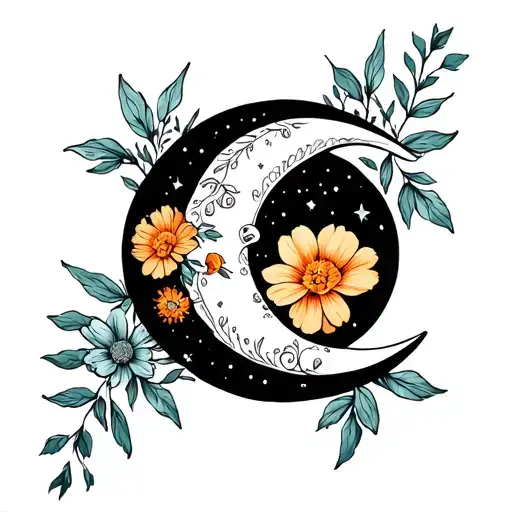 Crescent Moon With Marigold And Cosmos Flowers Wrapped Around It Black And White