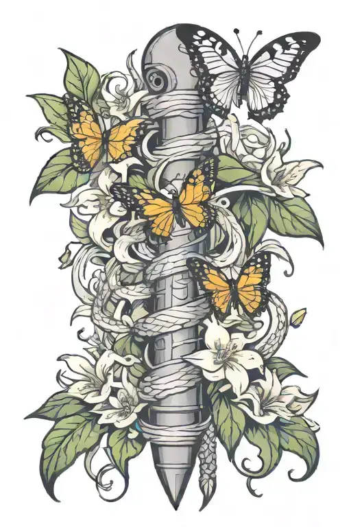 Snake Wrapped Around Dagger Surrounded By Butterflies And Lillies