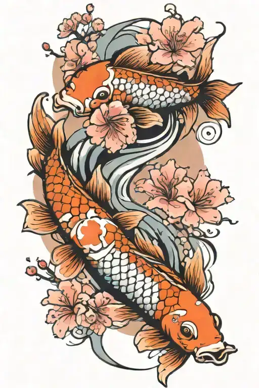 Two Koi Fish With Cherry Blossom