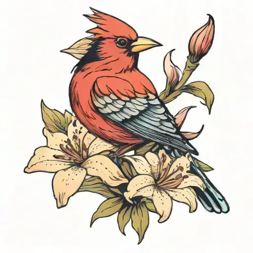 Red Bird Sitting On A Lily Flowers