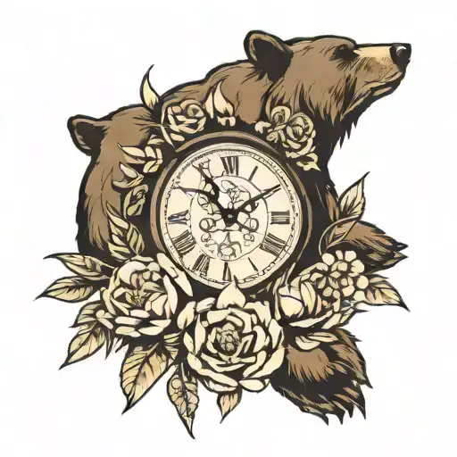 Bear Claw Marks And Flowers And Clock Inside