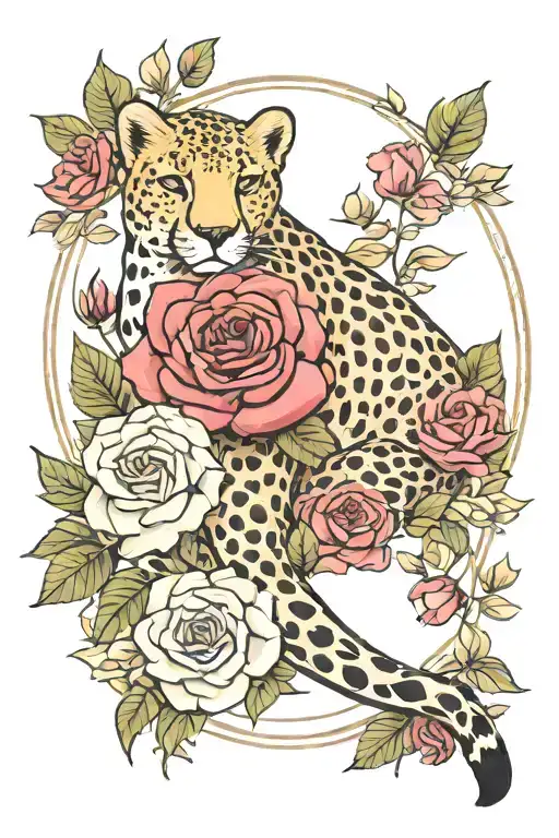 Cheetah And Flowers And Rose Nature Intertwined