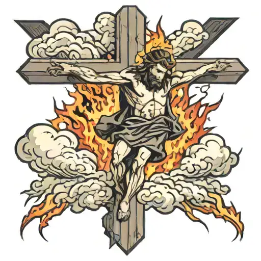 Jesus On The Cross Surrounded By A Huge Storm With Lightning And Fire