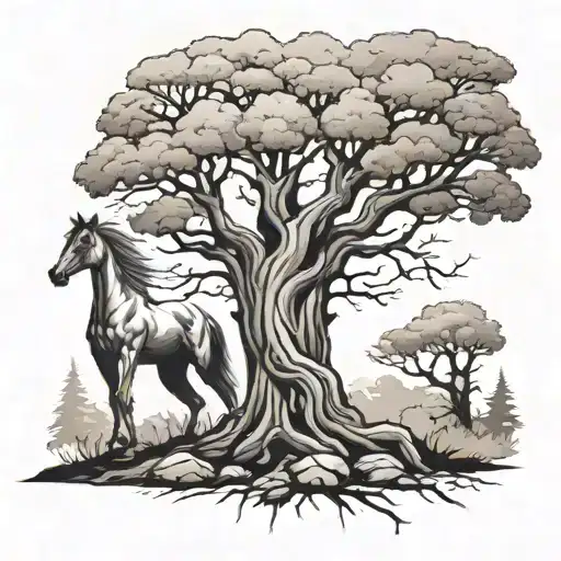 Make A Tattoo Of A Giant Tree With A Man Petting Horse