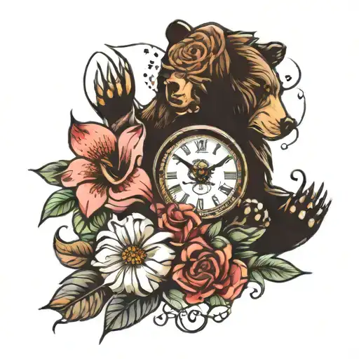Bear Claw And Flowers And Clock Inside