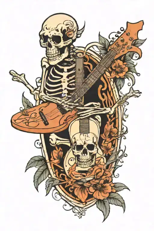 Beach Skeleton Surfboard And Guitar Surrounded