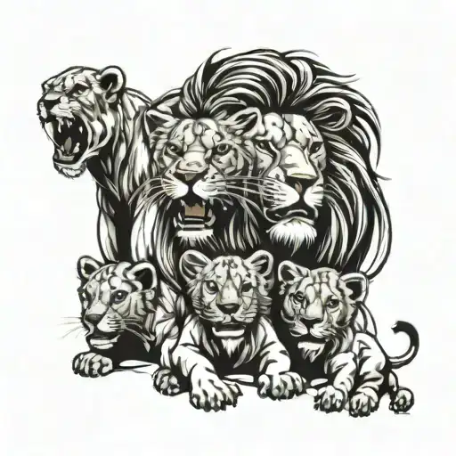 Lion Roaring With Three Cubs And Lioness