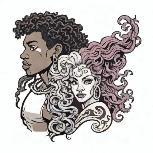 Girl With Curly Mauve Hair And Tall Black Boy With Long Hair