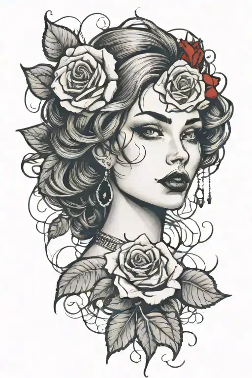 Realistic Woman Face With Red Rose At Neck Location