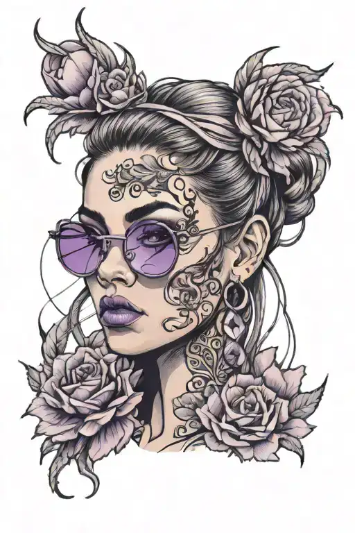 A Girl Black And Gray With Sunglasses With Purple Lenses Reflecting