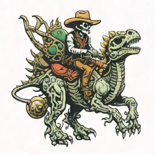 Skeleton Cowboy Riding A Stegosaurus
