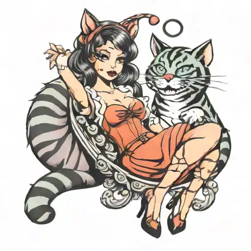 Pin Up Girl Kissing Cheshire Cat