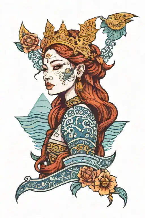 Redhead Woman Wearing Thai Crown And Dress Incorporate Blue High Tide And Sail Boat