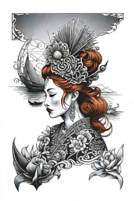 Redhead Woman Wearing Thai Headress And Dress Incorporate Japanese Tide And Sail Boat