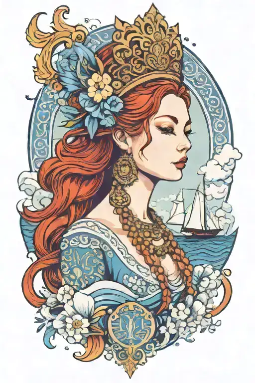 Redhead Woman Wearing Thai Crown And Dress Incorporate Blue High Tide And Sail Boat