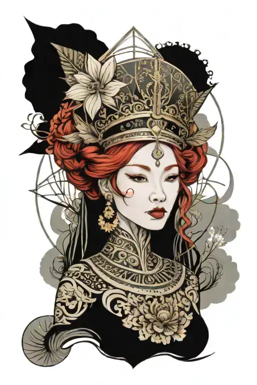 Redhead Woman Wearing Thai Headress And Dress Incorporate Japanese Tide And Sail Boat