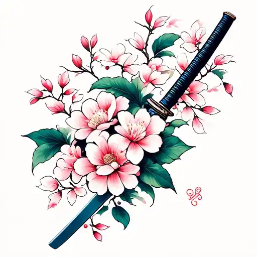 Katana And Cherry Blossom Flowers