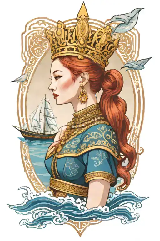 Redhead Woman Wearing Thai Crown And Dress Incorporate Blue High Tide And Sail Boat
