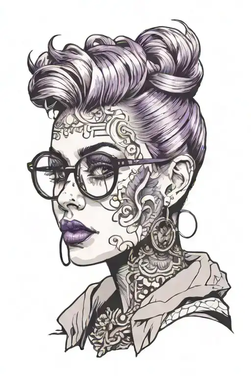 A Girl Face Black Grey Tattoo With Glasses On With Purple Lens