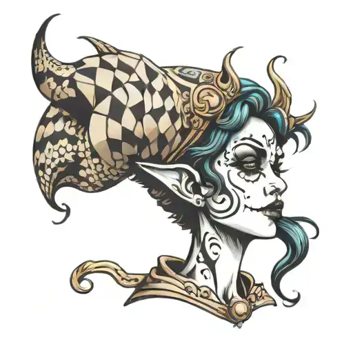 Girl With Brown Wavy Bob Wearing Male Jester Clothes