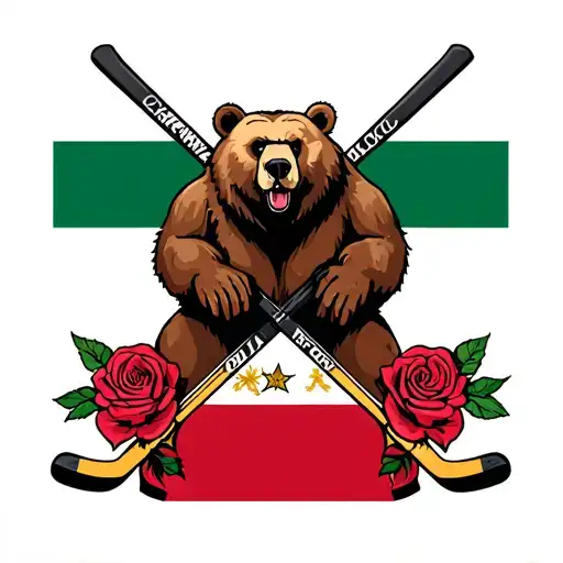 California Flag Bear With Hockey Sticks As X Behind It And Two Roses