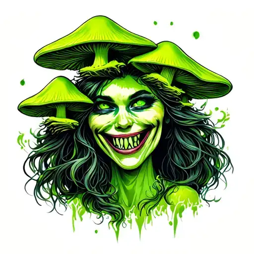 Toxic Mushrooms Growing Together On Head Of Scary Smiling Woman With Green Eyes And Big Teeth