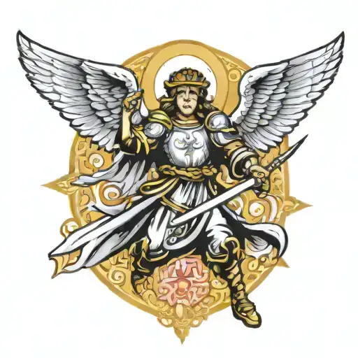 Male Guardian Angel Hovering With A Sword In His Right Hand