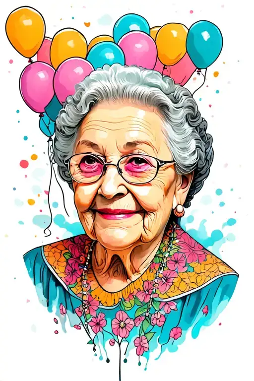 Grandma With Baloons Floating