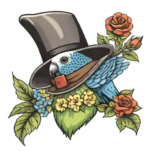 Budgie Wearking A Cowboy Hat Holding A Rose And Forget-me-not In Its Beak