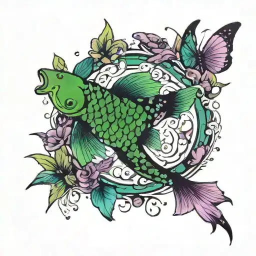 Black And Green Koi Fish Swimming Around A Swarm Of Purple Butterflies With A Broken Wing