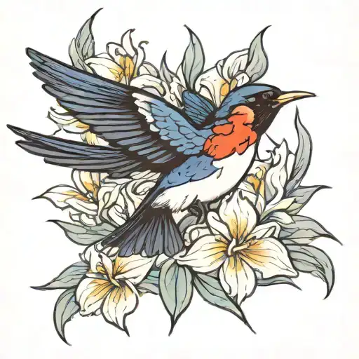 Swallow Bird Flying In Iris Flowers