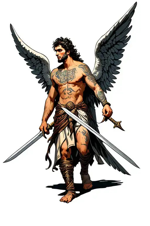 Male Angel Walking Forward With Two Swords