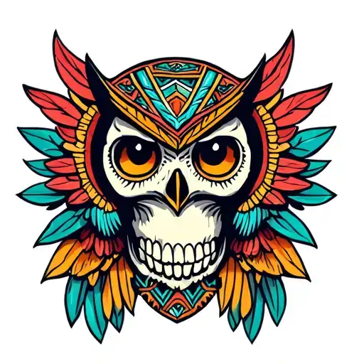 Aztec Owl Perched On Skull
