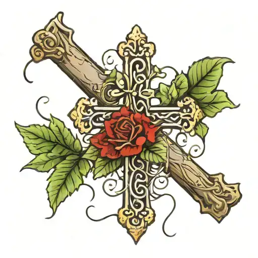 A Cross Made From Two Sticks With A Vine And Leaves Wrapped