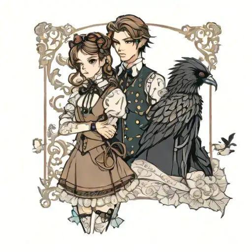 Buff Boy With Brown Hair And Girl With Crow Hair In Lolita Fashion