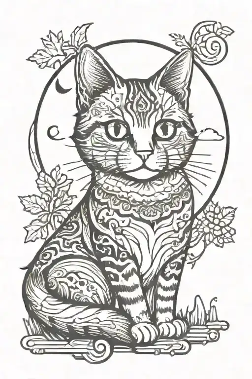 Cute Cat And Moon And Forest Landscape