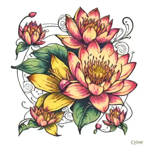 Water Lily And Honeysuckle Flowers Circled