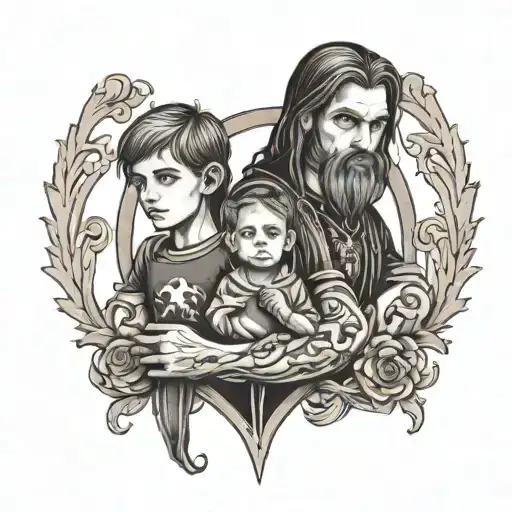 Father And Two Sons Holding Hands Inside Gothic Frame