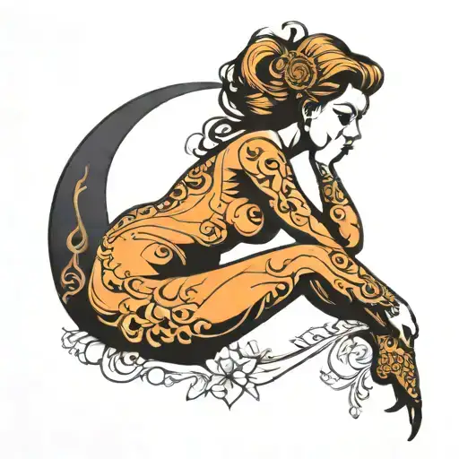 Crescent Moon With Orange Woman Silhouette Sitting