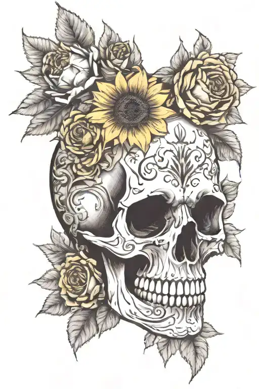 Skull Created By Flowers Surrounded By Roses And Sunflowers