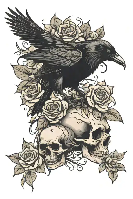 Crow And Skull And Flowers