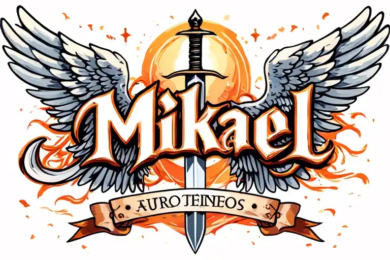 Mikael Name Tattoo With Angel Wings And Sword