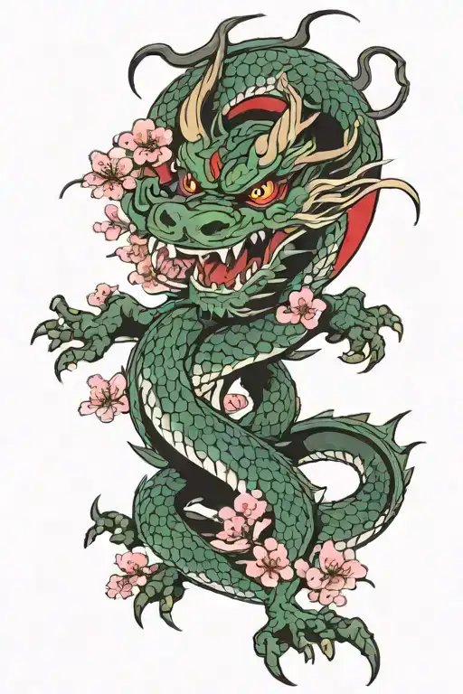 Japanese Dragon Wrapped Around A Cherry Blossom