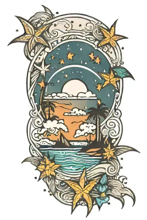 Beach Scene In A Circle With Stars Above And Below In A Line
