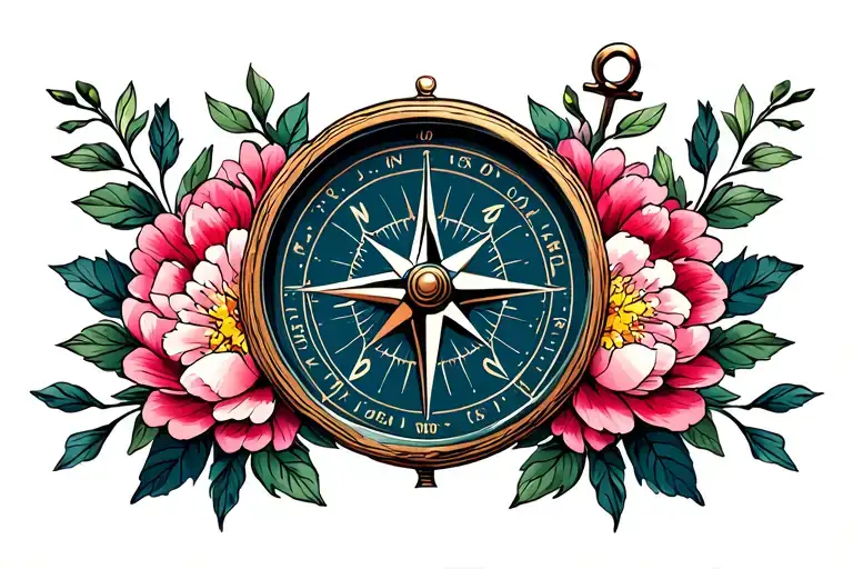 Compass And Anchor With Peonie Flowers And Leaves