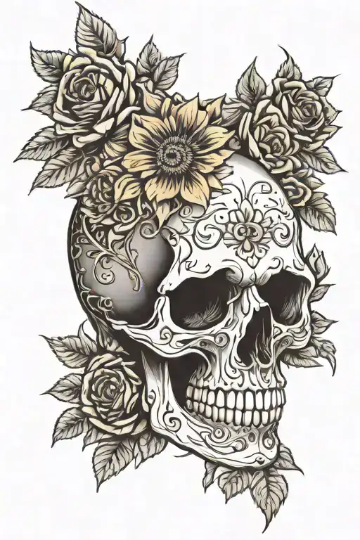 Skull Created By Flowers Surrounded By Roses And Sunflowers